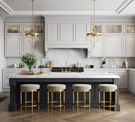 A luxurious kitchen with a large island, gold faucet and sputnik chandelier, stainless steel appliances, and white marble countertops Created with Generative AI technology