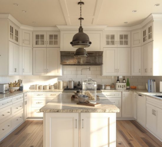A bright kitchen with white cabinets, limestone countertops